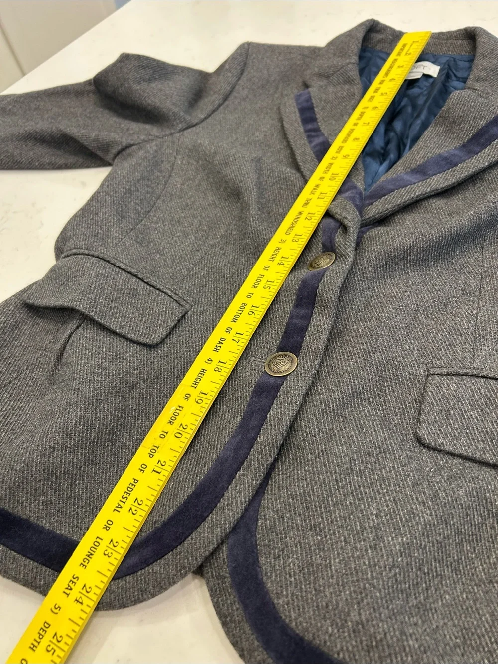 LOFT Gray Herringbone Blazer with Navy Trim